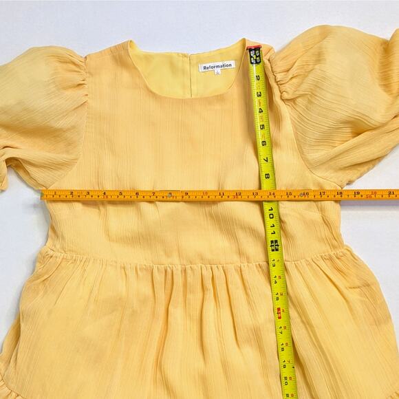 Reformation Estate Dress L Butter Yellow Tiered Mini Puff Sleeve Coquette - Picture 7 of 11